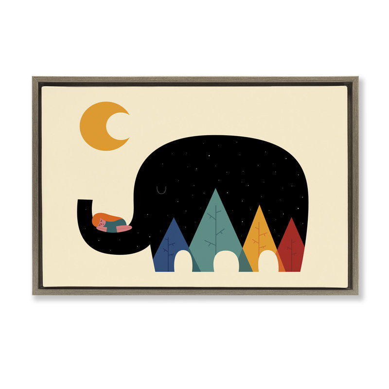 «Elephant Silhouette», art mural par Andy Westface, H 17 po x l 25 po, Cadre flottant orme Montalcino