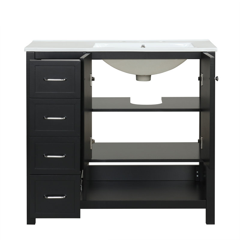 Meuble-lavabo simple 36 po avec plateau en céramique Annielee, Argent, Noir, noir, noir, noir