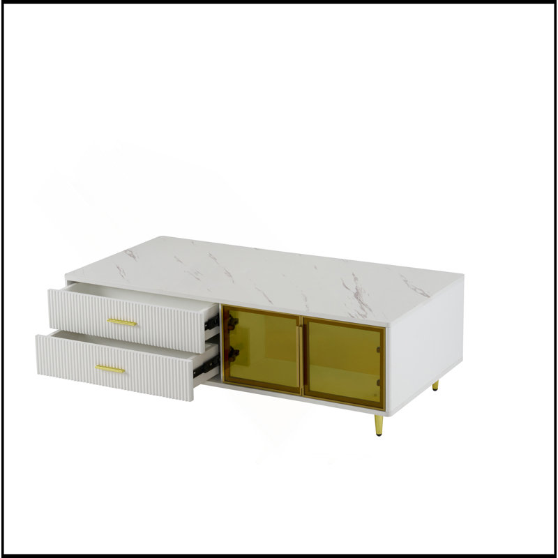 Table basse moderne blanche avec 2 portes de rangement en verre, 4 tiroirs, des pieds en métal doré et un éclairage multicolore de 47,2 po
