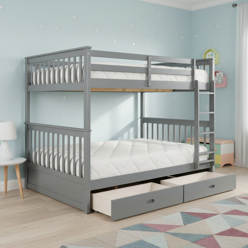 Lit superposé double au-dessus de double en bois massif avec échelles et 2 tiroirs de rangement pour garçons et filles, Gris