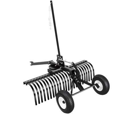 Râteau de remorquage de 48 pouces derrière, andaineur à tirer pour les tracteurs de tondeuses à VTT, 24 dents en acier durable, hauteur et angle réglables, andaineur de débris robuste pour les débris de feuilles