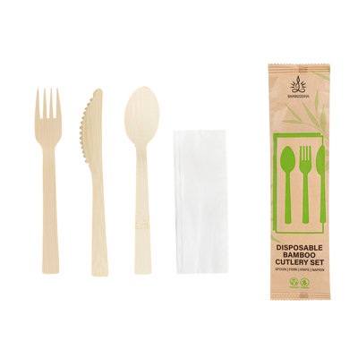 Restaurantware-Bambuddha 7 Inch Bamboo Utensil Sets, 50 Disposable Bamboo Wares - Fork, Spoon, & Knife, Smooth Finish, Bamboo Sustainable Cutlery, Withstands Heat, Alternative To Plastic Cutlery