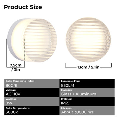 Minimalist Round Wall Light Modern Simple Design,Thick Glass Shade LED Fixture,Minimalist Round Wall Lamp for Bathroom Vanity, Bedroom Bedside, Living Room (Striped Style - Red)