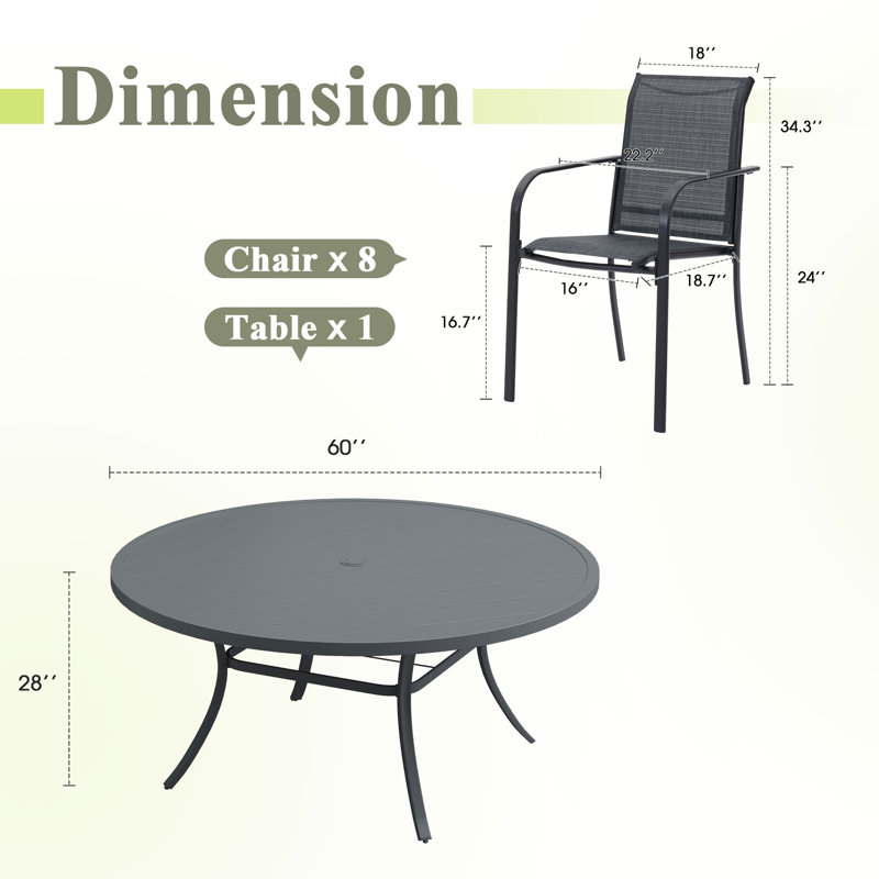 8-Person Round Patio Dining Set with 60" Dining Table and 8 Stackable PVC-coated polyester Chairs, Gray/Gray