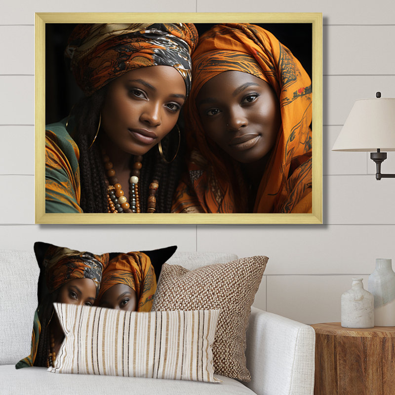 World Cultures Sœurs II sur toile, H 16 po x l 32 po x P 1 po, Encadrement doré