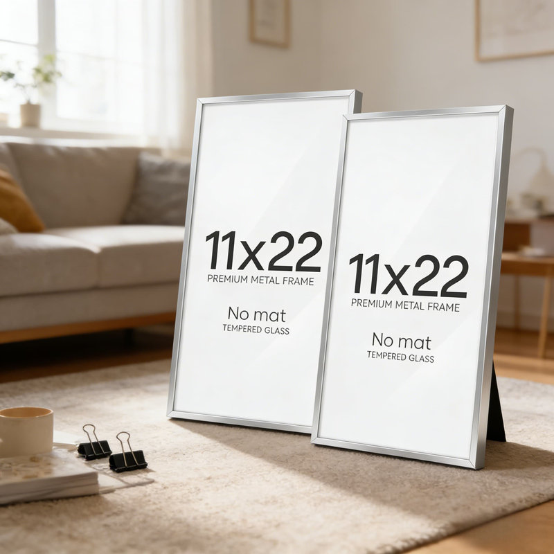 Set Of 2 Premium 11X22 Inch Picture Frames With Tempered Glass, Thin Metal Poster Frame For Wall Display, Includes Wall Mounting Kit, Satin Silver Finish