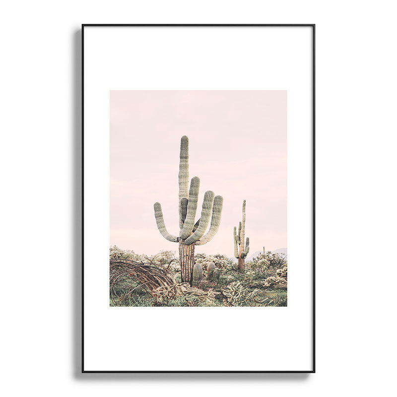 Cactus rose pastel encadré sur papier, Noir, H 36 po x l 24 po