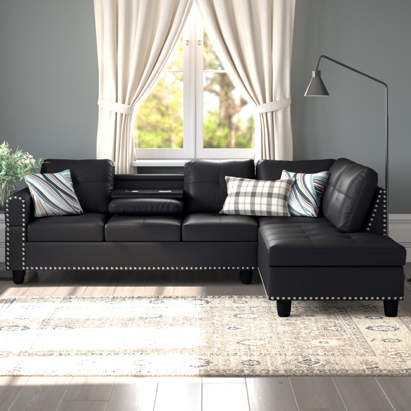 Louvenia Upholstered L-Shaped Sectional, Right Hand Facing, Black Faux Leather