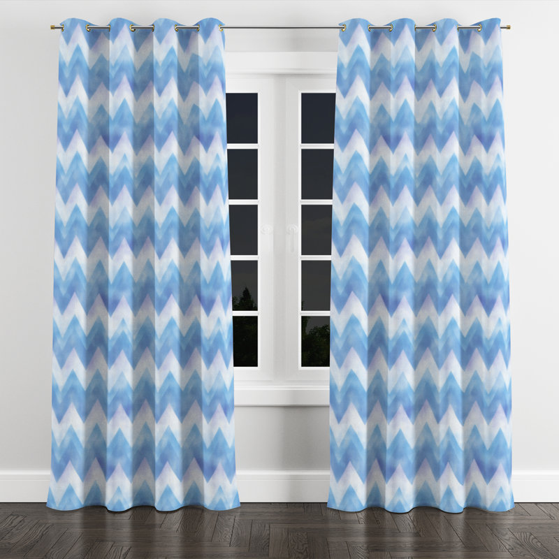 Boho Room Darkening Curtains - Contemporary Boho Blue And White Cloud Chevron Grommet Curtain - 1 Panel, Gold Grommets