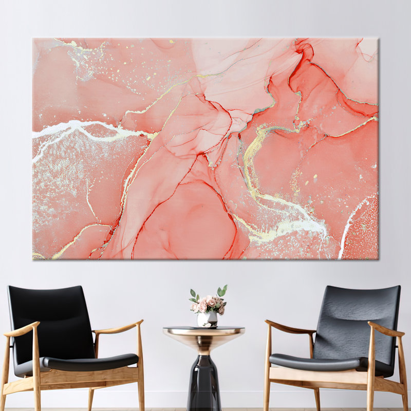 Luxury Coral and Marble Artwork - Shimmering Alcohol Ink Wall Poster on Canvas, 20 cm H x 30 cm W, Wrapped Canvas
