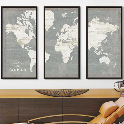 Slate World Map by Sue Schlabach - 3 Piece Floater Frame Graphic Art on Canvas