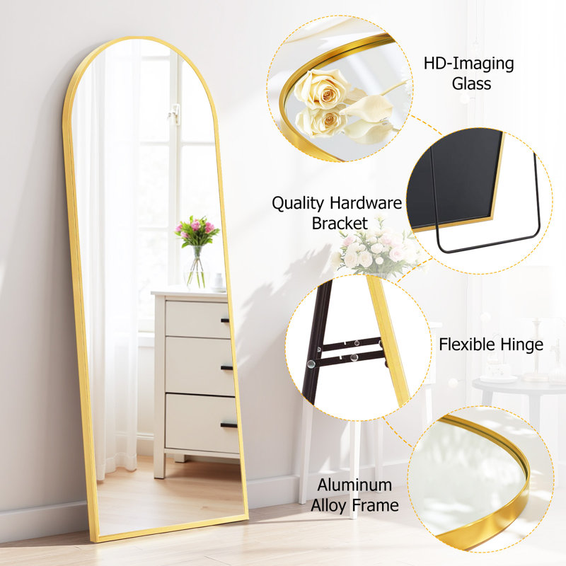 Miroir arqué pleine longueur, grand miroir de plancher avec cadre suspendu ou miroir mural incliné, Doré, 40 po x 16 po