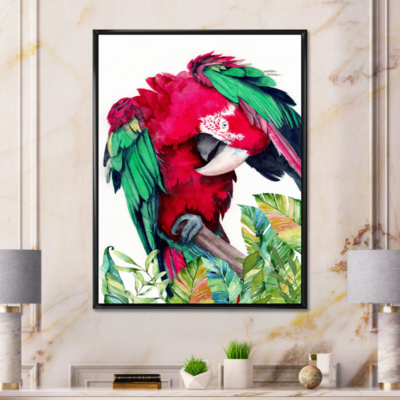 Perroquet rouge et vert - reproduction sur toile, H 32 po x l 24 po, Cadre flottant noir