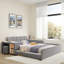 Lit tapissier au sol avec bureau de chevet et petit tabouret rond-623491236-623491237