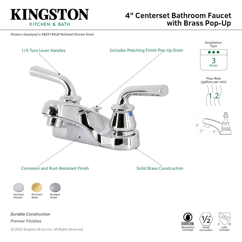 Kingston Brass Restoration Two-Handle 3-Hole Deck Mount 4" Centerset Bathroom Faucet with Brass Pop-Up, Polished Brass