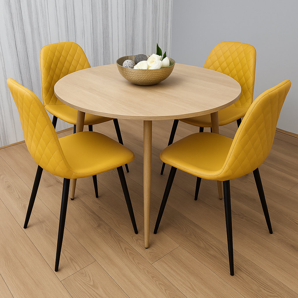 Modern Round Dining Table With 4 Cream Faux Leather Chairs Kitchen Furniture Set