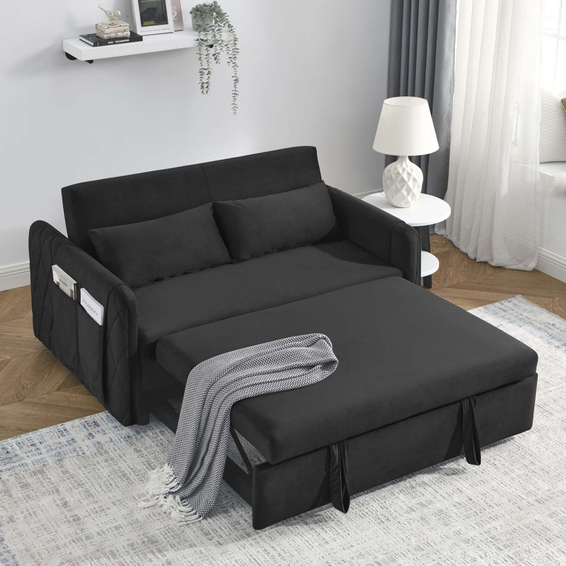 Canapé-lit convertible 55 po, causeuse en velours avec lit escamotable et 2 coussins, Noir