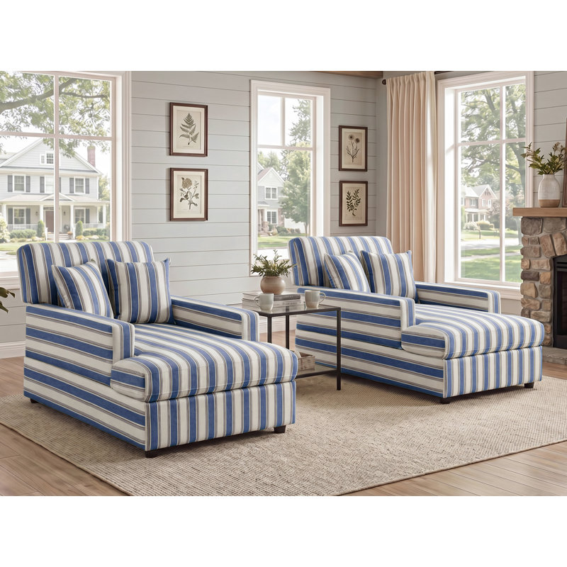 Ensemble de 2 chaises longues rembourrées l 37 po Monroeville, Lin rayé bleu marine