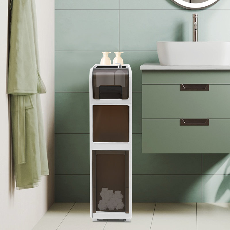 Slim Bathroom Storage Cabinet with Trash Bin & Toilet Paper Holder