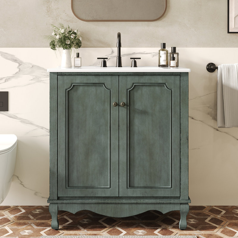 Meuble-lavabo de 30 po avec lavabo rectangulaire en céramique, meuble-lavabo avec poignées, meuble de rangement pour salle de bain avec pieds en bois d'hévéa et tablettes réglables