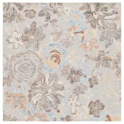 Tapis floral gris / bleu en laine / coton touffeté Thaddeus