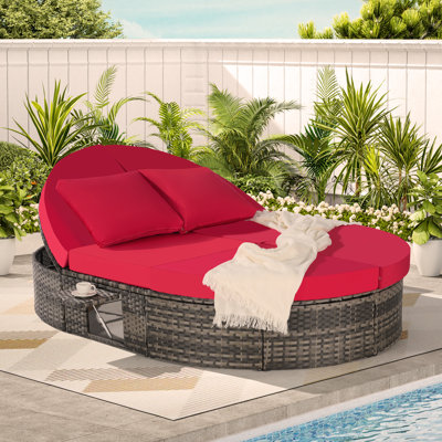 Outdoor Patio Round Daybed, Sun Bed with Adjustable Backrests and Foldable Cup Trays, Reclining Outdoor Lounger Wicker Rattan Patio Daybed with Cushions and Pillows for Backyard Poolside
