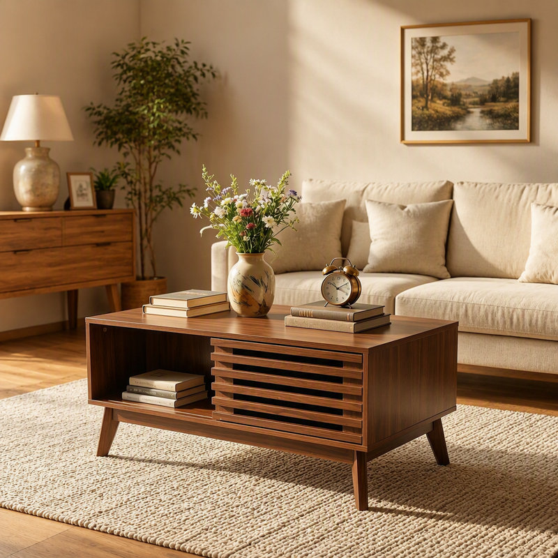 Table basse à plateau relevable avec rangement, table basse moderne Mid-Century avec porte coulissante à lattes et compartiment caché, table basse de 35,4 po avec plateau relevable, tables basses de salon, noyer