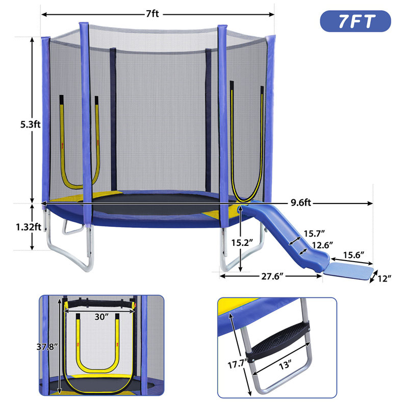 7FT Trampoline For Kids With Safety Enclosure Net, Slide And Ladder, Round Outdoor Recreational Trampoline, Purple