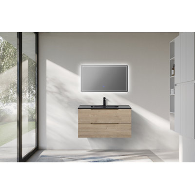 Passonno Bathroom Wall-mounted Single Sink Vanity With Black Quartz Sand Top And Natural Wood Finish Vanity