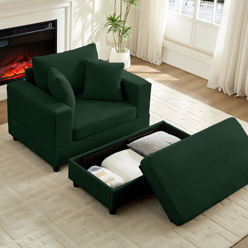 Ebern Designs Oversized Chaise Lounge Indoor, 50" Corduroy Sleeper Sofa Chair with Ottoman and 2 Cushions, Upholstered Comfy Deep Seat Sleeper Chaise Lounge Chair For Living Room, Bedroom