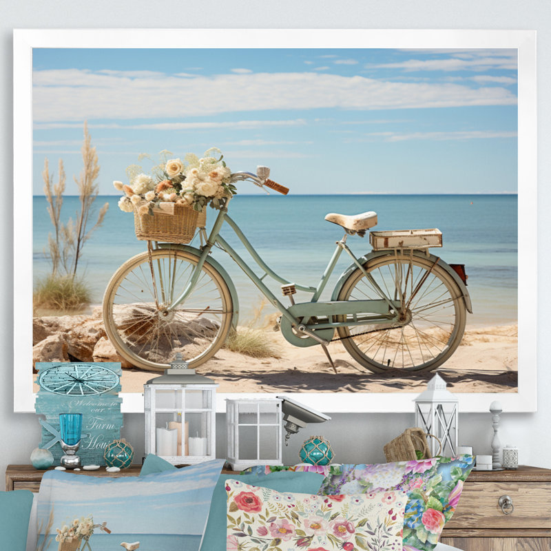 Vélo à pédales tranquilles près de la plage - impression, H 30 po x l 40 po x P 1,5 po, Cadre photo blanc