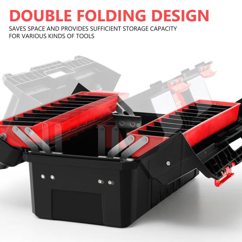 2-Layer Lockable Tool Box Plastic Portable Storage Folding Toolbox Tray Divider Tool Organizers, Black/Red