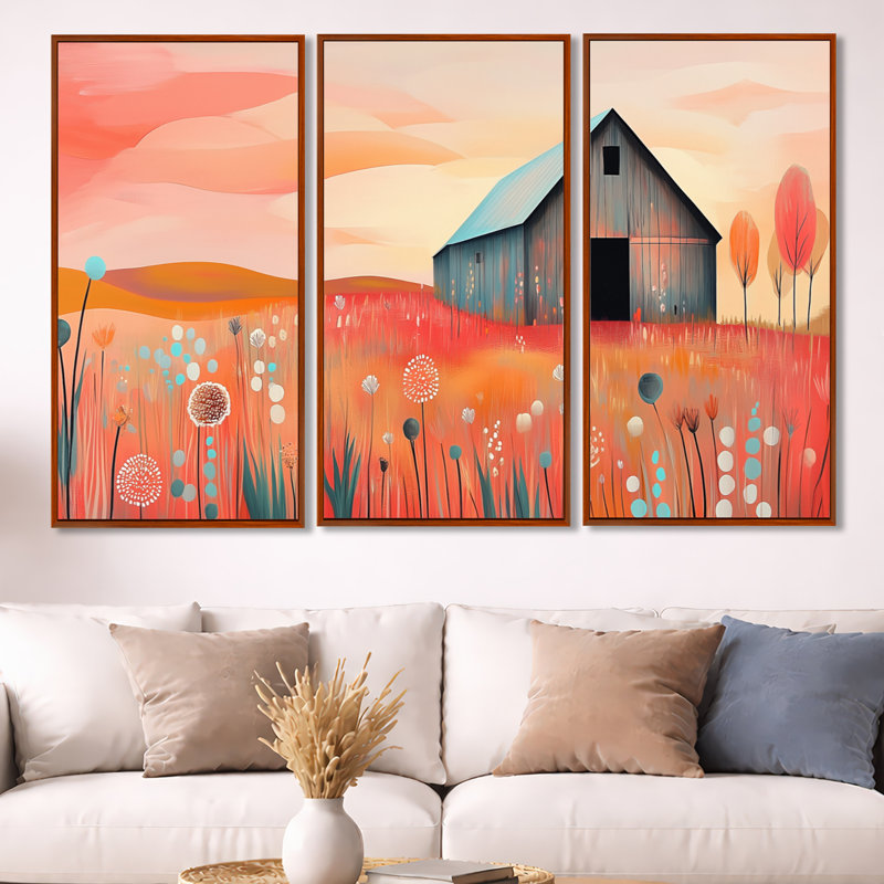 Summer Fields Barn at Dusk - Orange Farmhouse, art mural encadré 3 pièces, H 40 po x l 60 po, Cadre flottant brun