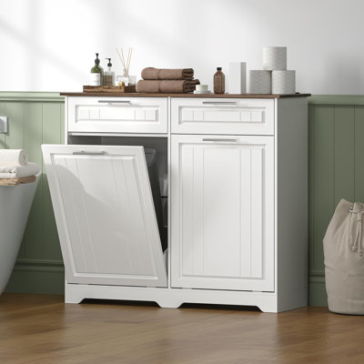 Double Tilt Out Trash Cabinet 20 Gallon with Odor Control & Power Outlet, Free Standing Hidden Garbage Can Holder with 2 Drawers Double Door for Kitchen Bathroom (Trash Cans Not Included)