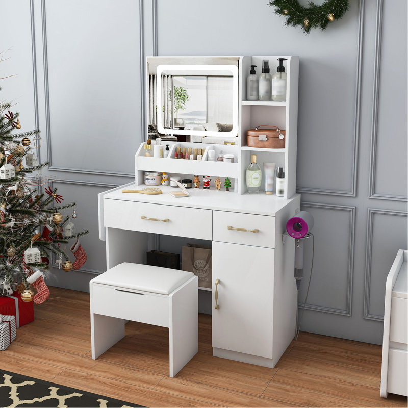 Vanity Desk With LED Mirror Lights And Power Outlet Charging Station, Makeup Dressing Table With 3 Drawers, 7 Shelves And Storage Stool, For Girls And Women