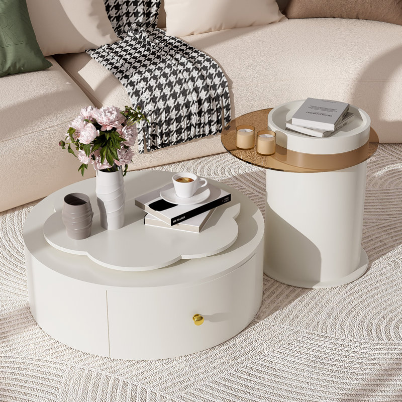 Modern Round Coffee Table Set Of 2 , 360-Degree Rotatable Flower-Shaped Top With 2 Drawers, Top Circle Side Table End Table With Glass For Living Room