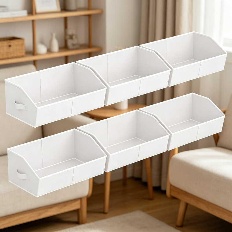 Large Trapezoid Fabric Storage Bins for Shelves, Closet Organizer Baskets with Handles, Multi-Purpose Bins for Clothes, Towels, Purses, 6-Pack, White