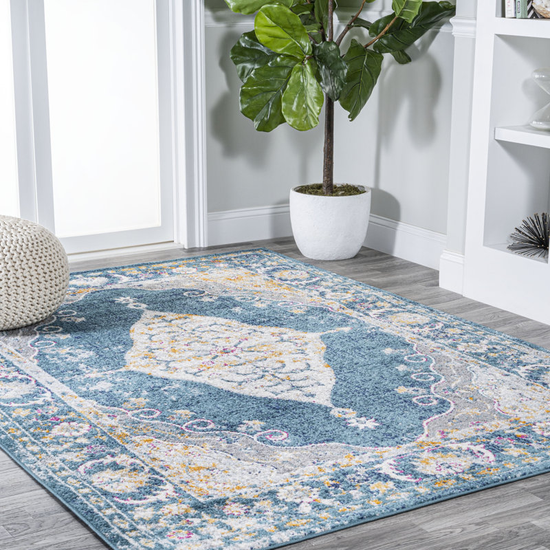 Adao Bohemian Cottage Medallion Turquoise/Gray Rug, Rectangle 5'3" x 7'7"