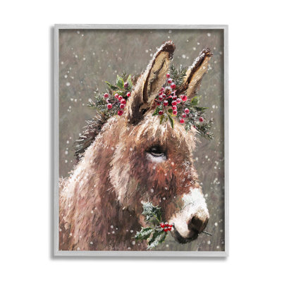 Winter Donkey Snow Falling Gray Framed Giclee Art by Pip Wilson