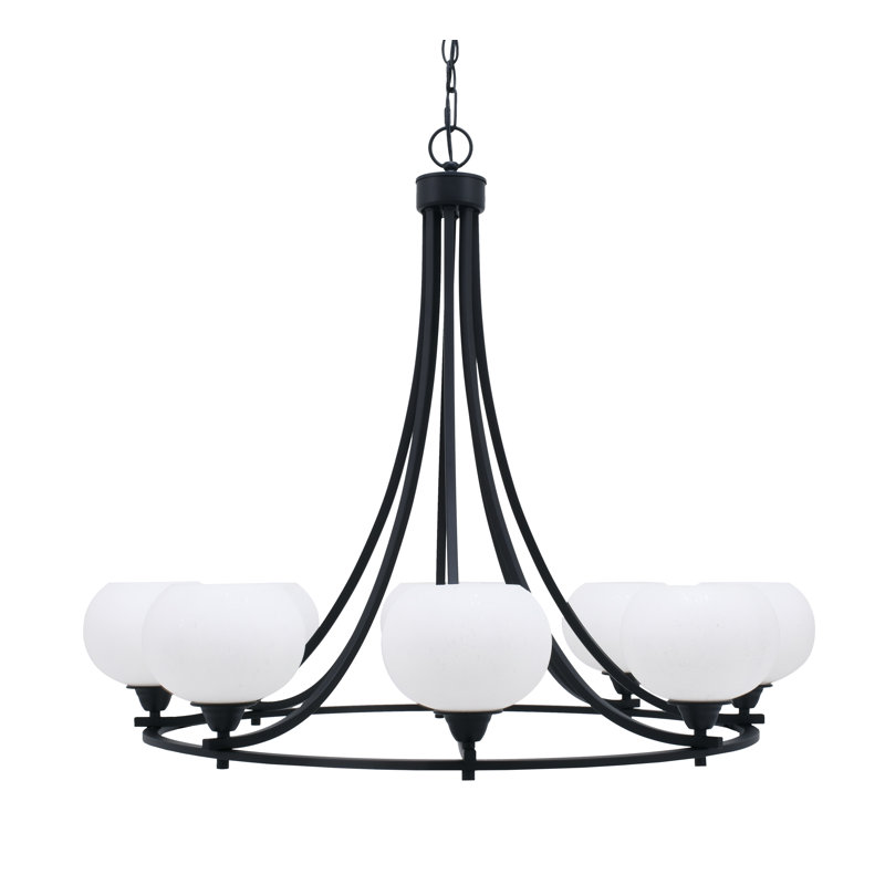 Paramount 8 Light Uplight Chandelier With 7" Clear Bubble Glass, Clear Seeded, Matte Black