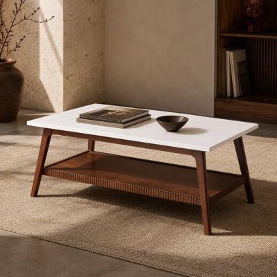 Mid Century Modern Coffee Table, Solid Rubber Wood Rectangular Cocktail Table with White Top, Walnut Frame, Lower Storage Shelf for Living Room