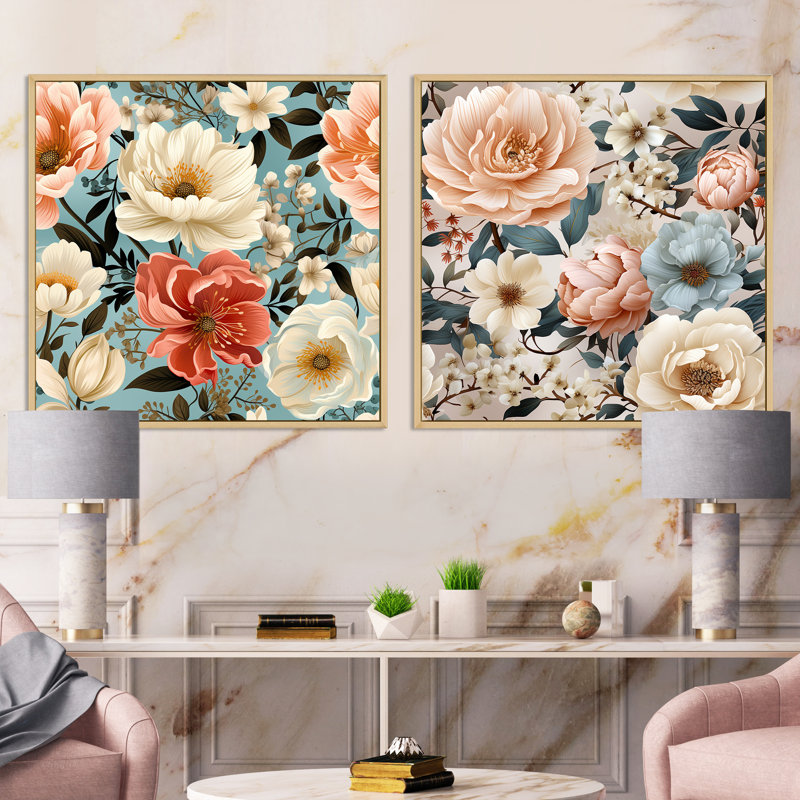 Alessia - Ensemble de 2 collages carrés floraux, H 36 po x l 73 po, Cadre flottant brun