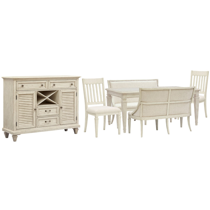 Dariella Extendable Rectangular Dining Table With 2 Upholstered Benches 2 Side Chairs And Server