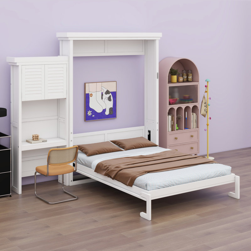 Lit escamotable avec plusieurs tablettes de rangement et décoration à persiennes, Blanc