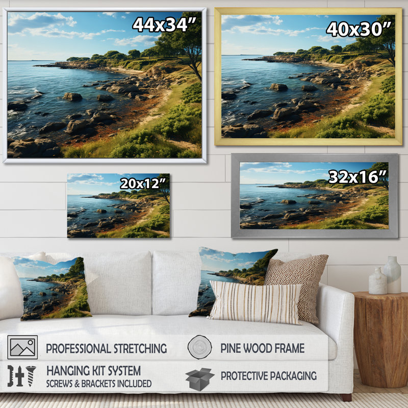 Rhode Seashore Island Landscape - impression, H 24 po x l 32 po x P 1 po, Cadre flottant brun