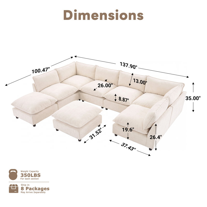 Canapé modulaire surdimensionné à 8 places Annamaria, Beige Chenille