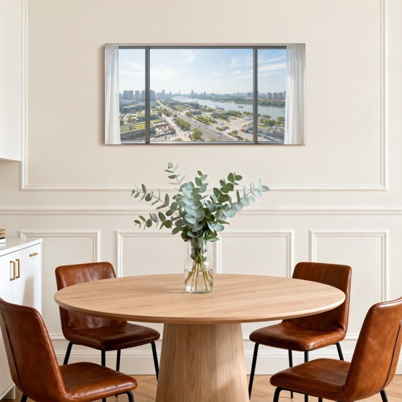 Vue de paysage urbain à travers un cadre de fenêtre Z251225161612195180, H 16 po x l 32 po