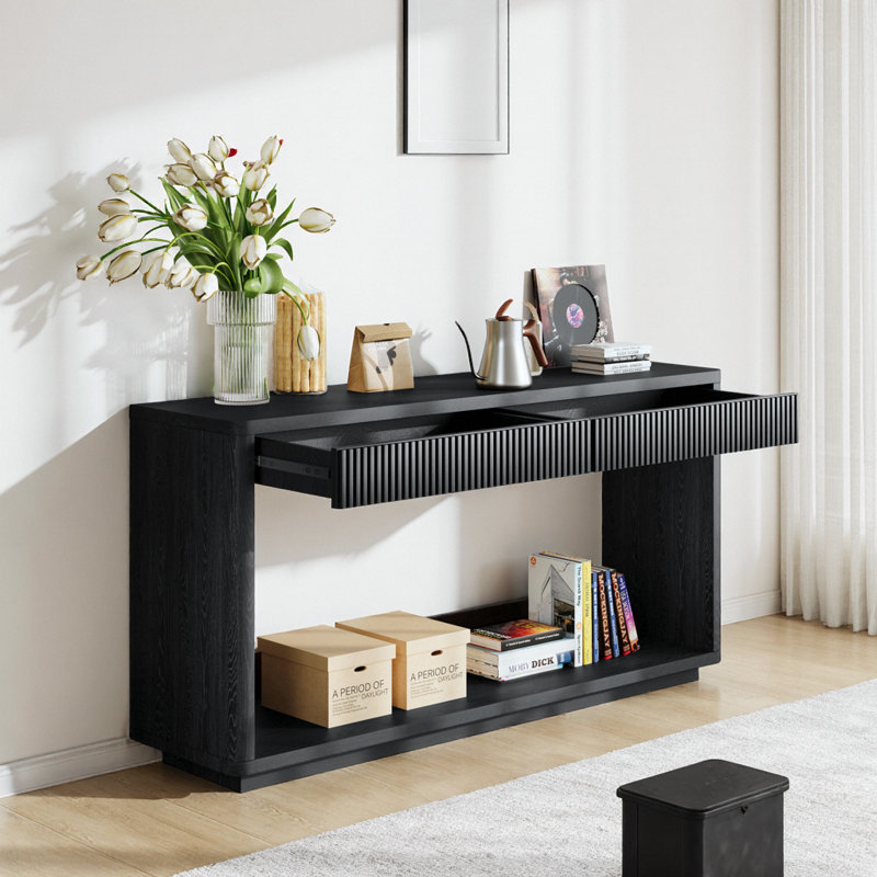 Console cannelée moderne de 60 pouces avec 2 tiroirs - Table de canapé pour le salon, le couloir et le vestibule, Black