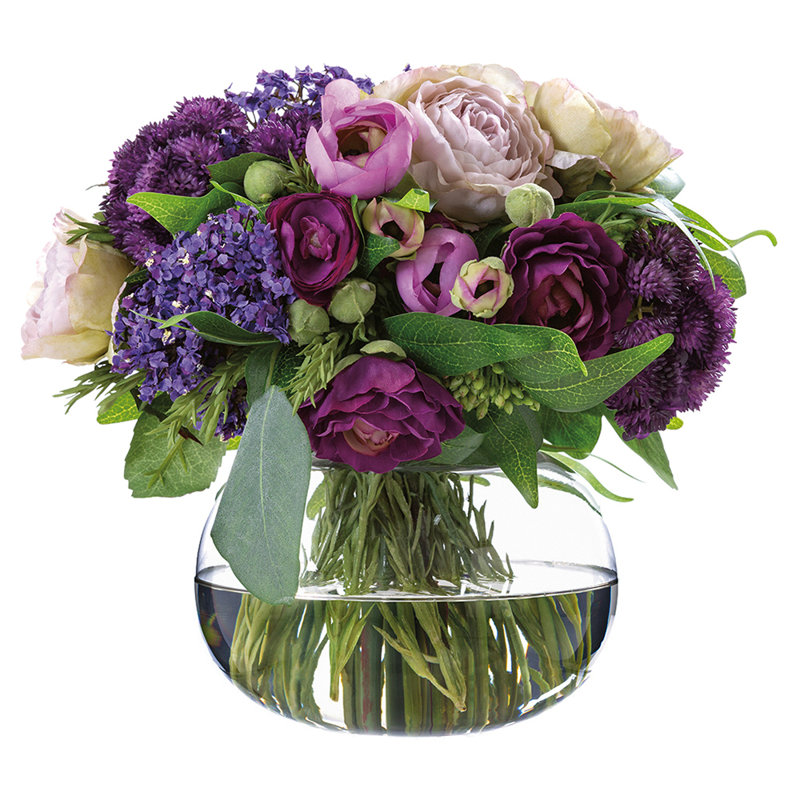 Ranunculus/rose/ruscus In Glass Vase Purple Lilac