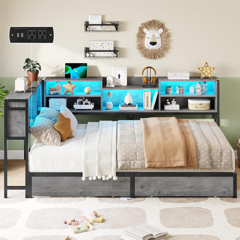 Corner Bed Frame With Storage Bookcase And Led Lights, Daybed With 2 Underneath Storage Drawers And Charging Station For Living Room,bedroom & Guest Room